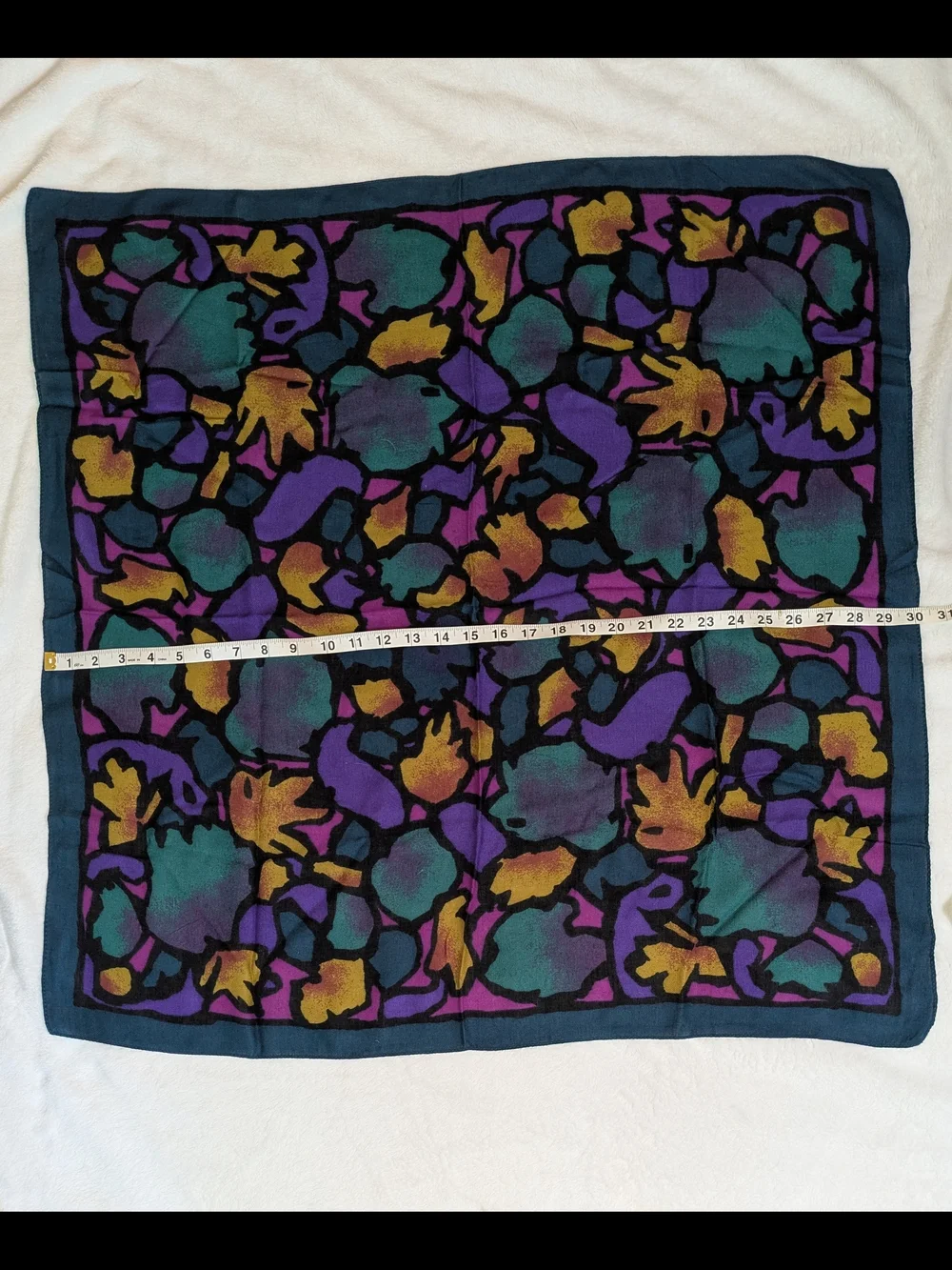 Abstract Leaf Print Silk Scarf - Teal, Purple, Mustard